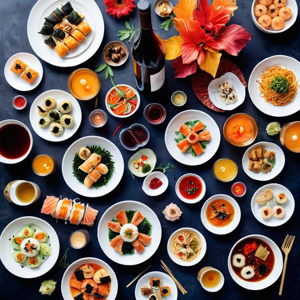 A vibrant and colorful table set with an array of Asian dishes, such as sushi, dim sum, and spicy noodles, elegantly paired with various wines. Include a whimsical wine bottle and glasses, with a bright and cheerful ambiance incorporating flowers or lanterns. The scene should evoke joy and celebration, embodying the fusion of flavors. watercolor style. bright colors. dynamic composition.