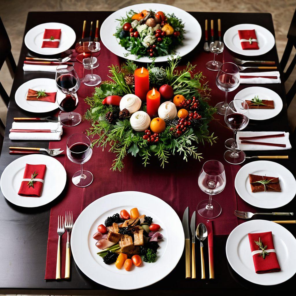 A beautifully arranged dining table showcasing an elegant meal featuring various dishes expertly placed over colorful chopsticks. In the background, an array of exquisite wine glasses filled with rich hues of red and white wine, glistening in soft candlelight. Fresh herbs and vibrant garnishes scattered throughout for an artistic touch, highlighting the theme of culinary bliss. A warm, inviting atmosphere that suggests celebration and enjoyment. super-realistic. vibrant colors. soft focus.