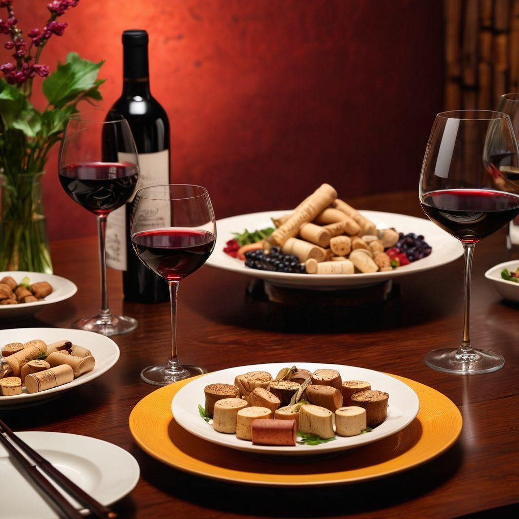 A beautifully arranged table featuring exquisite Asian dishes paired with elegant wine glasses, showcasing vibrant colors of the cuisine and deep tones of the wine. Include a sommelier in the background, thoughtfully consulting a wine list, with soft ambient lighting enhancing the atmosphere. Incorporate elements like bamboo, delicate chopsticks, and wine corks scattered artistically around the table. capture the essence of a joyful culinary experience. super-realistic. vibrant colors. warm ambiance.